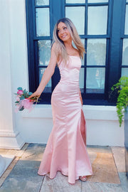 Elegant Blushing Pink Strapless Mermaid Floor-Length Prom Dresses with Slit