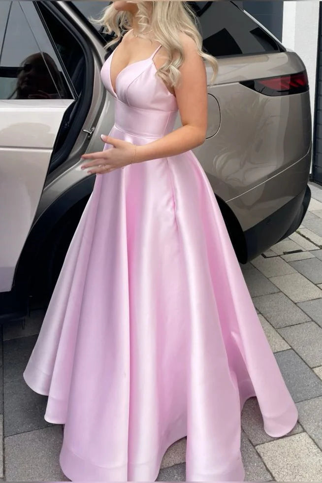Stylish Blushing Pink V-Neck A-Line Floor-Length Satin Prom Dresses
