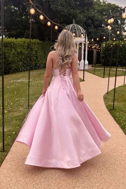 Stylish Blushing Pink V-Neck A-Line Floor-Length Satin Prom Dresses