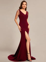 Charming V-Neck Stretch Satin Mermaid Formal Dress with Slit