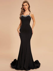 Trendy Black Spaghetti Straps Beading Mermaid Formal Dress