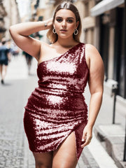 Glittery Plus Size One-Shoulder Sequin Bodycon Sleeveless Homecoming Dress with Slit