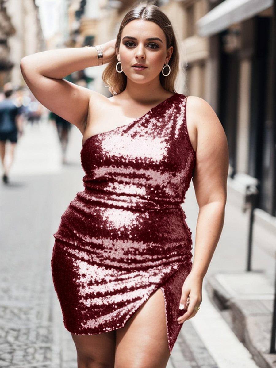Glittery Plus Size One-Shoulder Sequin Bodycon Sleeveless Homecoming Dress with Slit