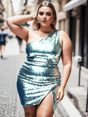 Glittery Plus Size One-Shoulder Sequin Bodycon Sleeveless Homecoming Dress with Slit