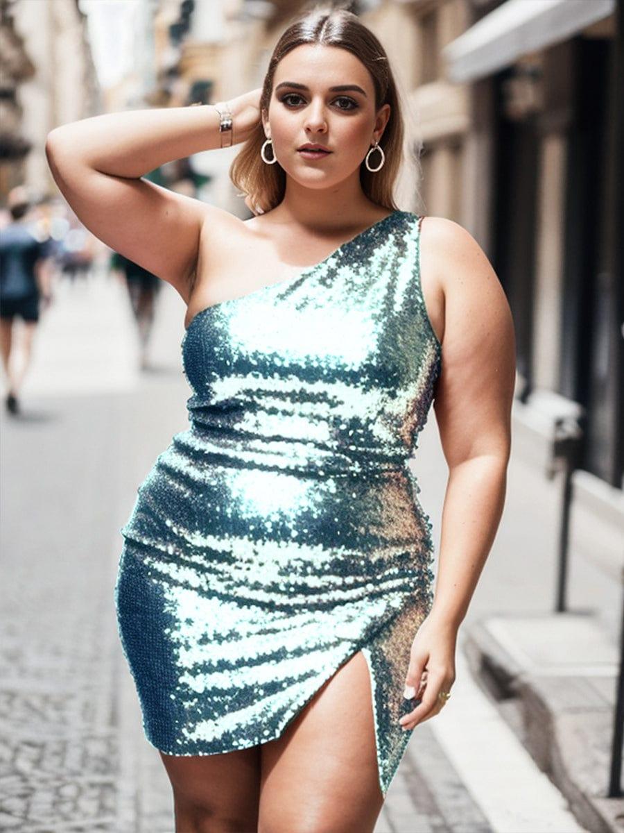 Glittery Plus Size One-Shoulder Sequin Bodycon Sleeveless Homecoming Dress with Slit
