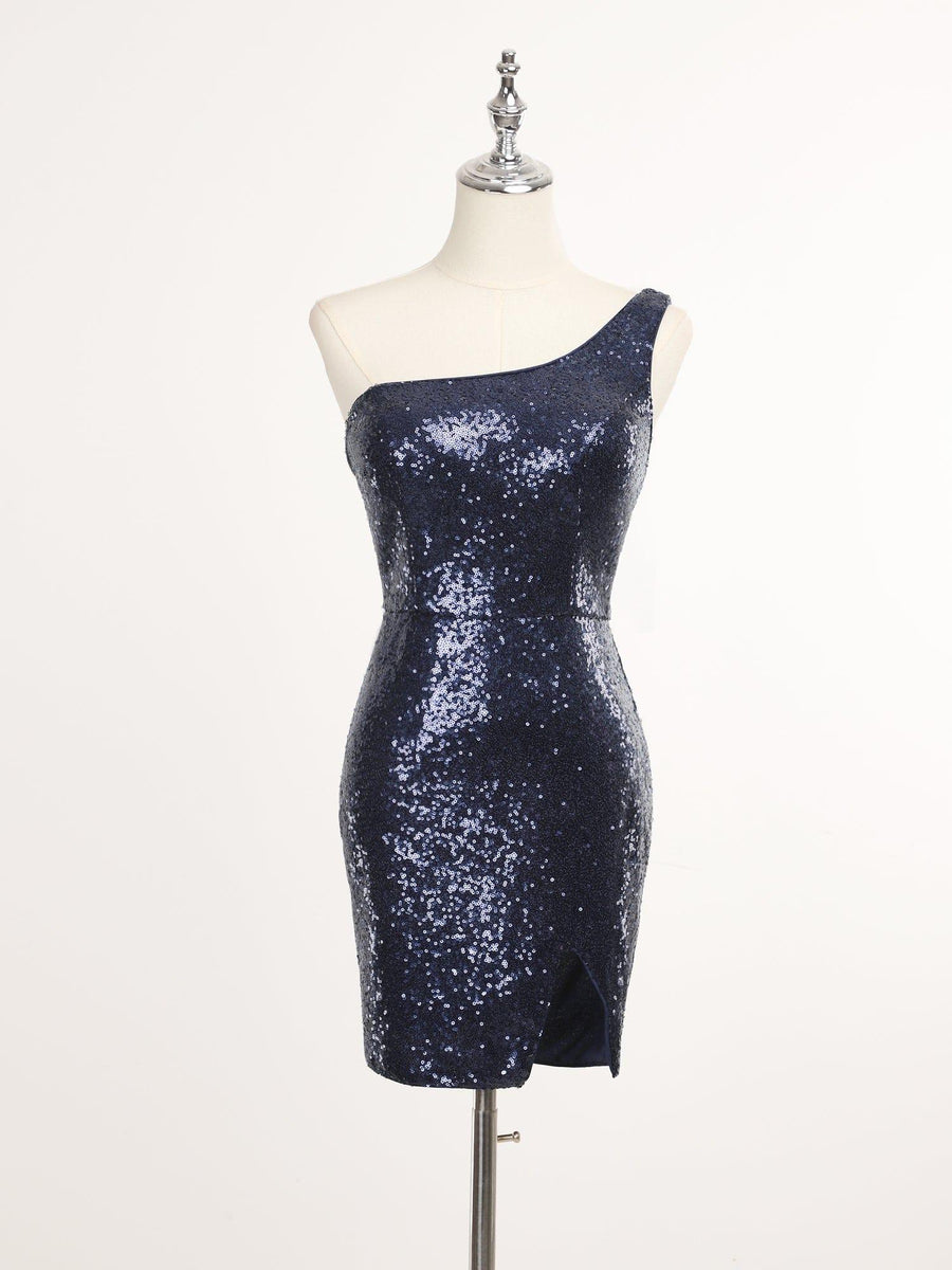 Glittery Plus Size One-Shoulder Sequin Bodycon Sleeveless Homecoming Dress with Slit