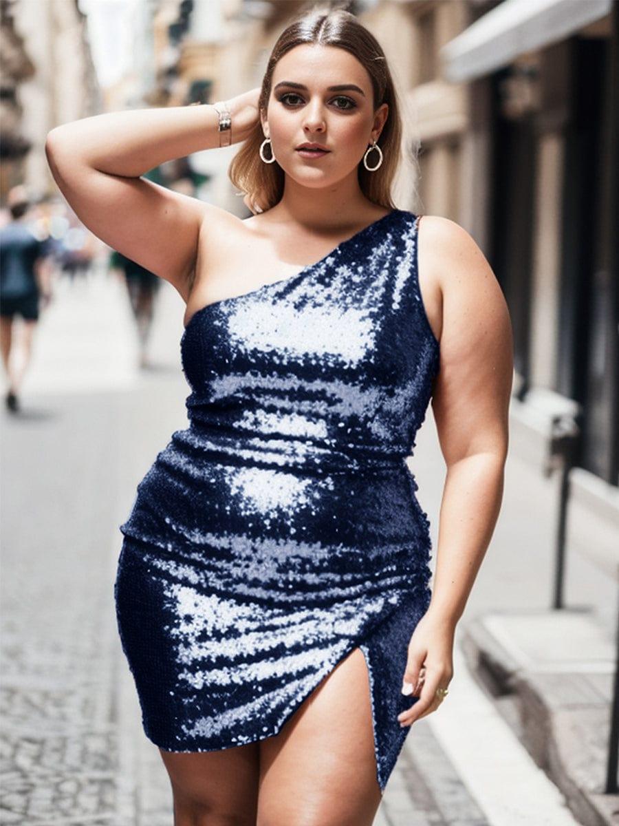 Glittery Plus Size One-Shoulder Sequin Bodycon Sleeveless Homecoming Dress with Slit