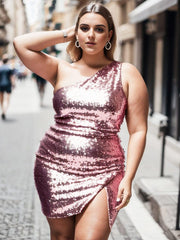 Glittery Plus Size One-Shoulder Sequin Bodycon Sleeveless Homecoming Dress with Slit