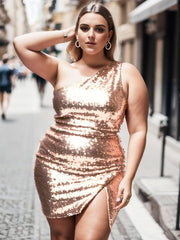 Glittery Plus Size One-Shoulder Sequin Bodycon Sleeveless Homecoming Dress with Slit