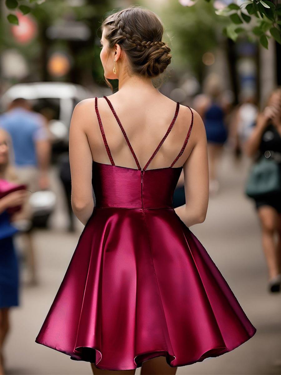Luxurious Spaghetti Straps Satin A-Line Short Homecoming Dress with Rhinestones