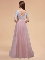 Special Sequin V-Neck A-Line Ribbon Waist Tulle Prom Dress with Short Sleeves