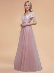 Special Sequin V-Neck A-Line Ribbon Waist Tulle Prom Dress with Short Sleeves
