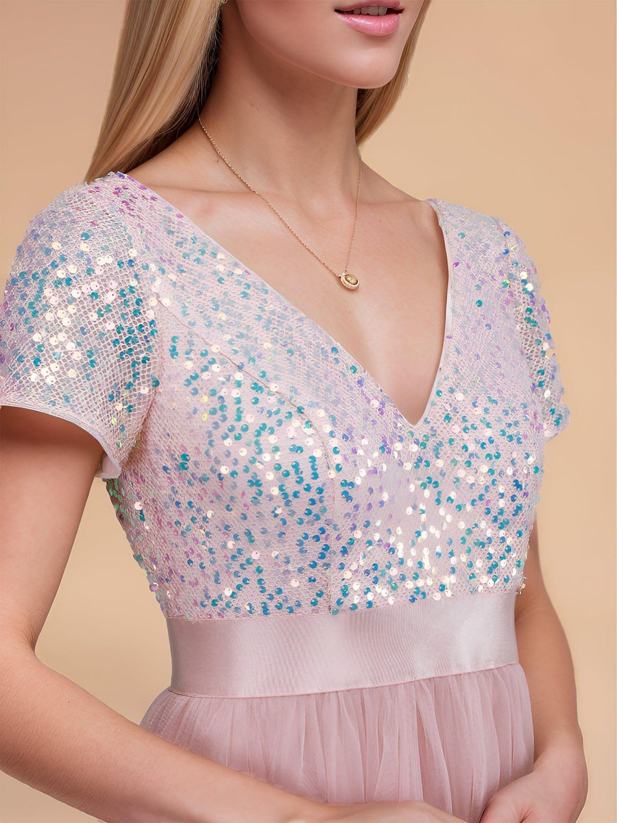 Special Sequin V-Neck A-Line Ribbon Waist Tulle Prom Dress with Short Sleeves