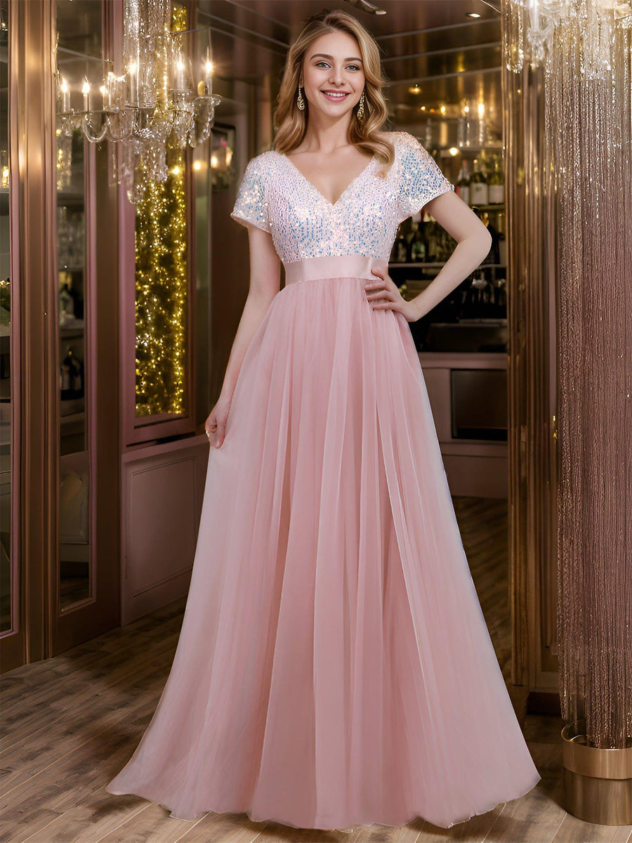 Special Sequin V-Neck A-Line Ribbon Waist Tulle Prom Dress with Short Sleeves