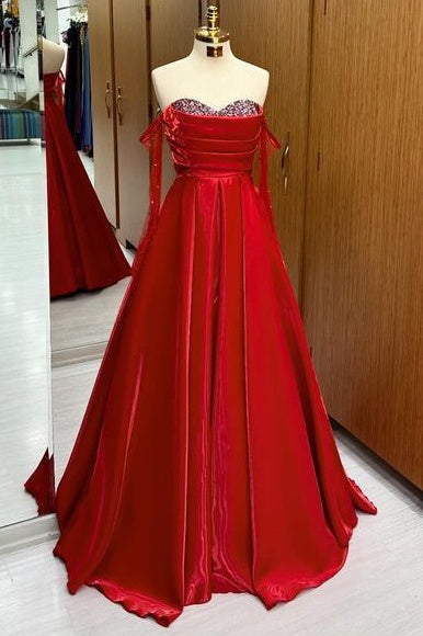 Charming A-Line Floor-Length Off-The-Shoulder Long Sleeves Satin Prom Dresses