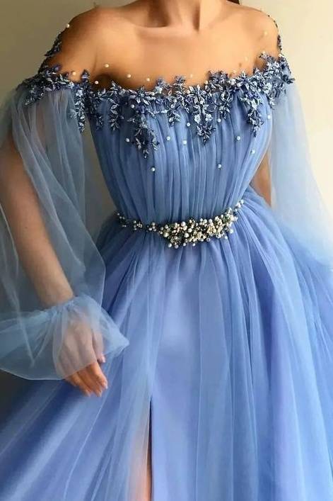 Charming A-Line Tulle Off-The-Shoulder Prom Dresses with Beads Long Sleeves