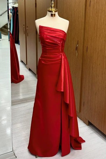 Charming Mermaid Floor-Length Strapless Satin Prom Dresses with Slit