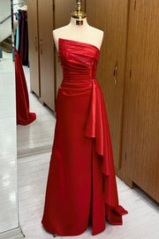 Charming Mermaid Floor-Length Strapless Satin Prom Dresses with Slit