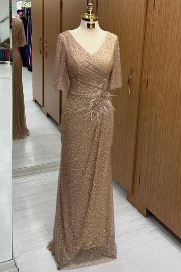 Charming Mermaid Floor-Length V-Neck Short Sleeves Sequined Prom Dresses