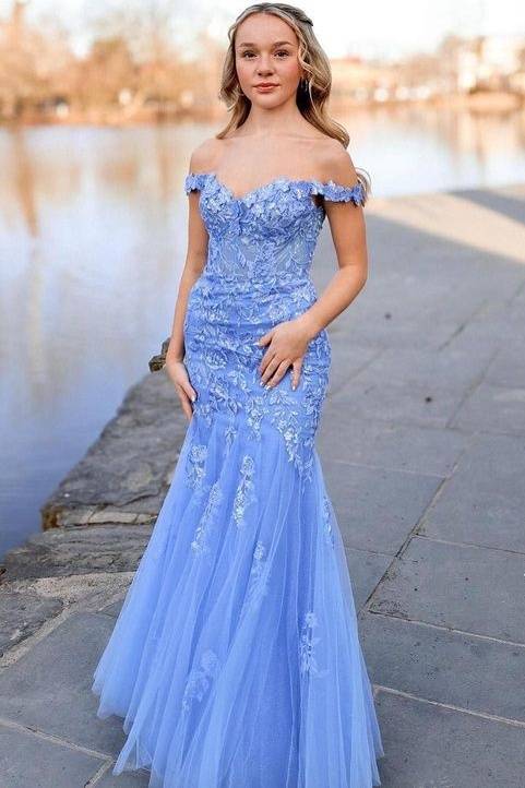 Mermaid Off-The-Shoulder Sweetheart Lace Tulle Prom Dresses