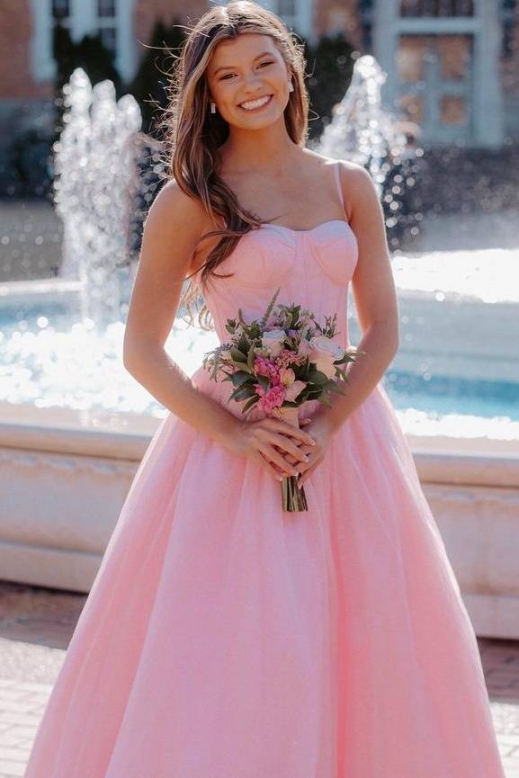 Charming Pink A-Line Spaghetti Straps Sleeveless Sweetheart Tulle Wedding Dresses