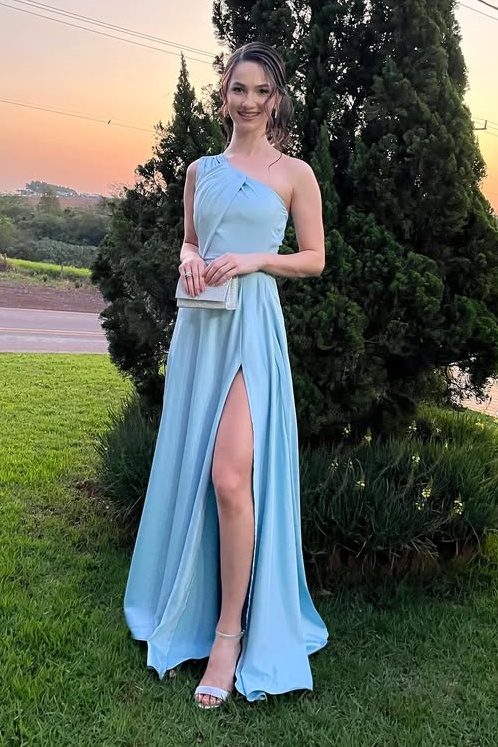 Chic Blue One-Shoulder Sleeveless A-Line Formal Dresses with Slit