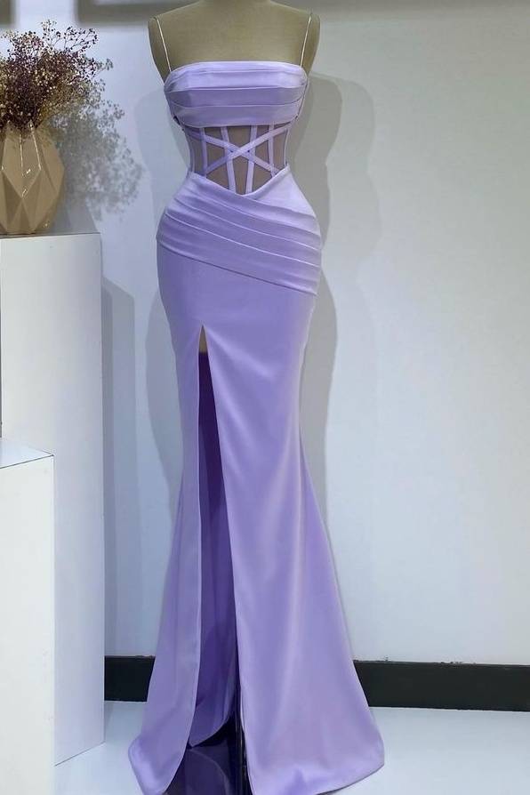Chic Floor-Length Spaghetti Straps Split Front Mermaid Satin Prom Dresses