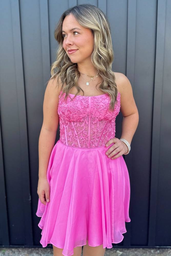 Strapless Appliques Tulle A-Line Homecoming Dresses with Beads