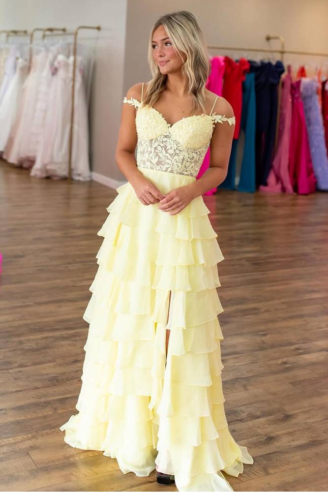 Fancy Daffodil Off-The-Shoulder Ruffles Chiffon A-Line Prom Dresses with Slit