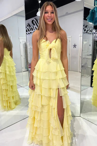 Glamorous Daffodil Tiered Chiffon Floor-Length Prom Formal Dresses with Slit