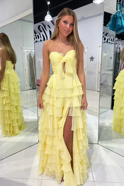 Glamorous Daffodil Tiered Chiffon Floor-Length Prom Formal Dresses with Slit