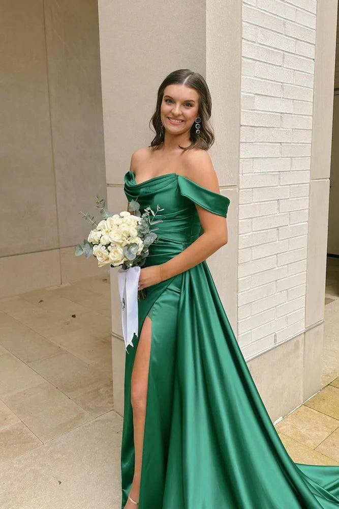 Enchanting Dark Green Off-The-Shoulder A-Line Satin Prom Dresses with Slit