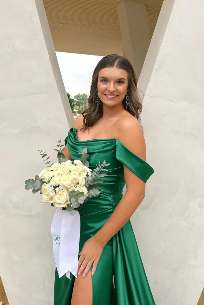 Enchanting Dark Green Off-The-Shoulder A-Line Satin Prom Dresses with Slit