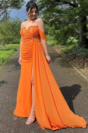 Deluxe Sweep Train Off-The-Shoulder Mermaid Chiffon Prom Dresses with Slit
