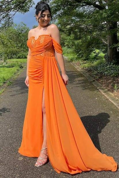 Deluxe Sweep Train Off-The-Shoulder Mermaid Chiffon Prom Dresses with Slit