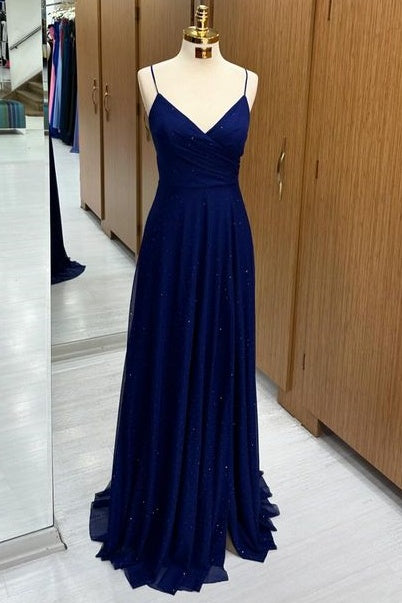 Deluxe Sweep Train Spaghetti Straps Sleeveless V-Neck A-Line Chiffon Prom Dresses with Ruffles