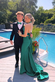 Cute Drak Green Halter Backless Mermaid Satin Party Dresses