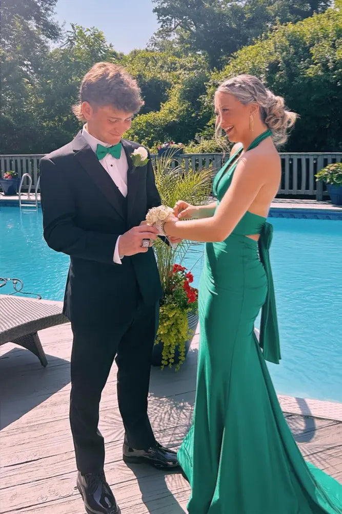 Cute Drak Green Halter Backless Mermaid Satin Party Dresses