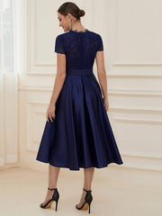 Wonderful V-Neck Lace Short Sleeves Wedding Guest Dress with Pockets