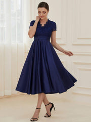 Wonderful V-Neck Lace Short Sleeves Wedding Guest Dress with Pockets