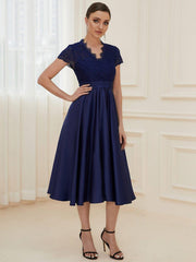 Wonderful V-Neck Lace Short Sleeves Wedding Guest Dress with Pockets