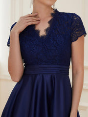 Wonderful V-Neck Lace Short Sleeves Wedding Guest Dress with Pockets