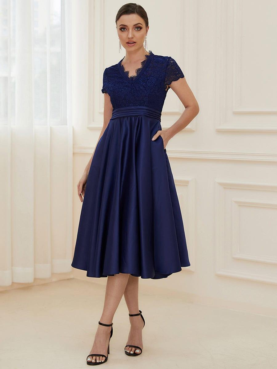 Wonderful V-Neck Lace Short Sleeves Wedding Guest Dress with Pockets