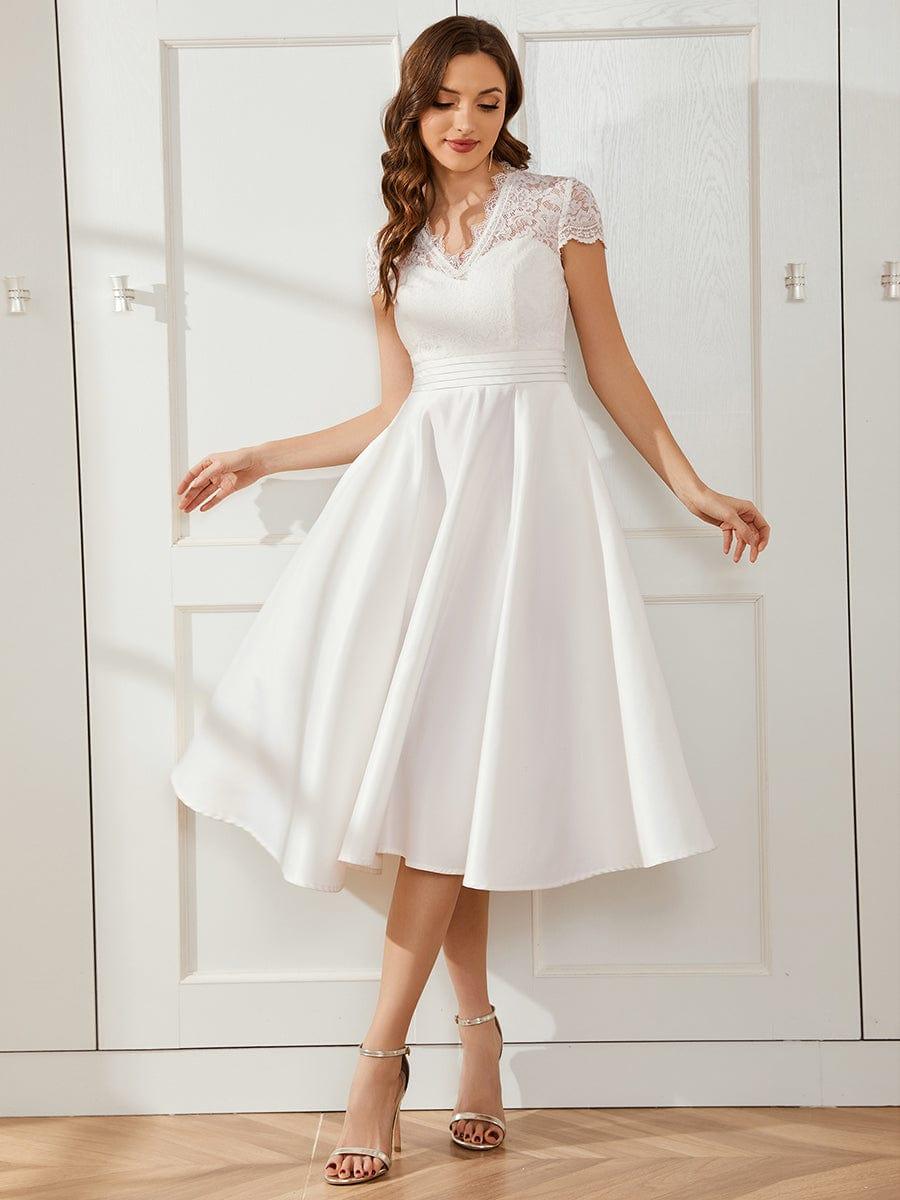 Wonderful V-Neck Lace Short Sleeves Wedding Guest Dress with Pockets
