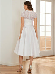 Wonderful V-Neck Lace Short Sleeves Wedding Guest Dress with Pockets
