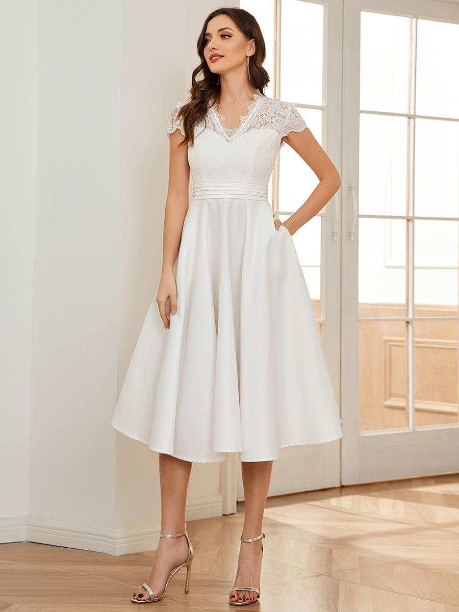 Wonderful V-Neck Lace Short Sleeves Wedding Guest Dress with Pockets