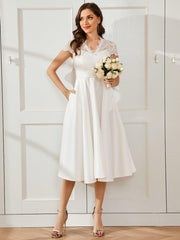 Wonderful V-Neck Lace Short Sleeves Wedding Guest Dress with Pockets