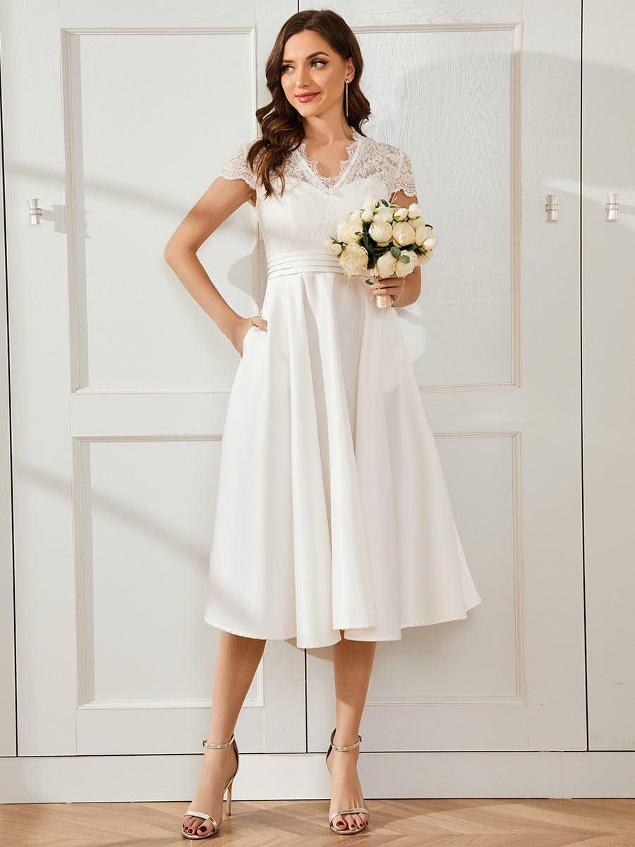 Wonderful V-Neck Lace Short Sleeves Wedding Guest Dress with Pockets