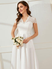 Wonderful V-Neck Lace Short Sleeves Wedding Guest Dress with Pockets