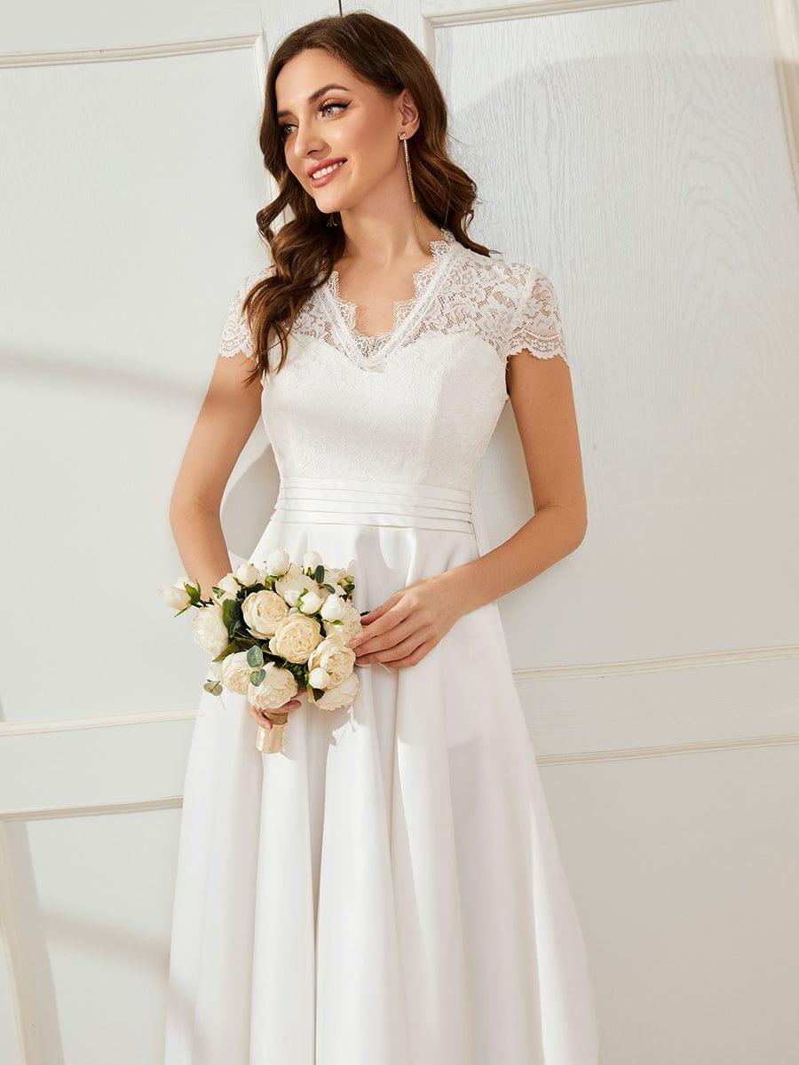 Wonderful V-Neck Lace Short Sleeves Wedding Guest Dress with Pockets